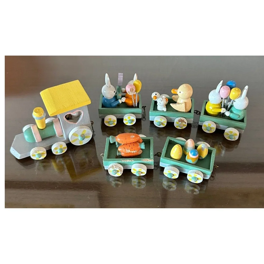 Vintage Wooden Easter Train Set 6 Piece Bunny Duck Egg Carrot Pastel Decor